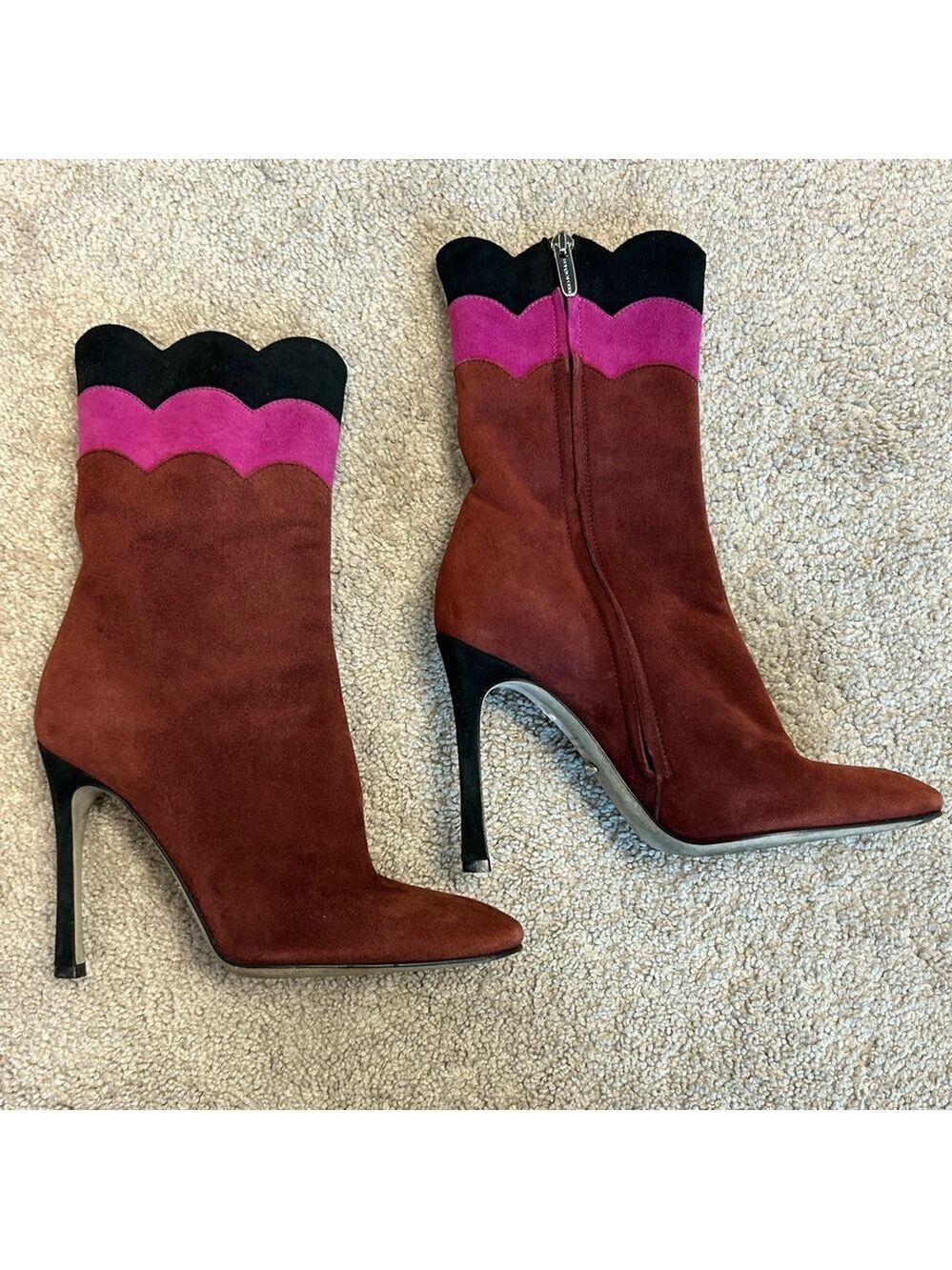 Sergio Rossi mid-calf booties burgundy suede pink black scalloped trim 35